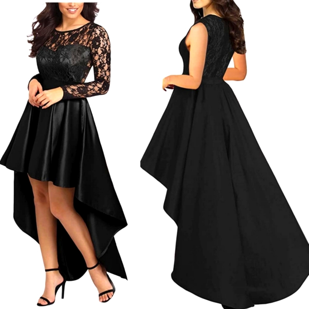 Black Lace & Satin Sleeveless High Low Cocktail Party Dress
